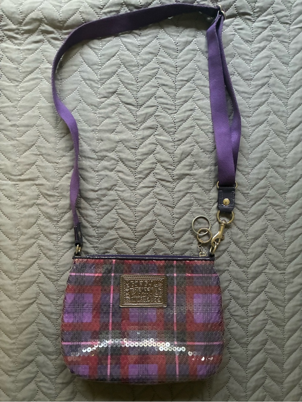 Coach Purple Plaid Crossbody with Sequins and Gold Plaque